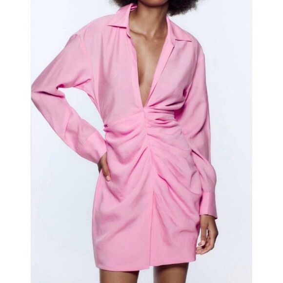zara 3067/329/620 Solid Pink Ruched Long Sleeve Mini Dress Small - Picture 1 of 5